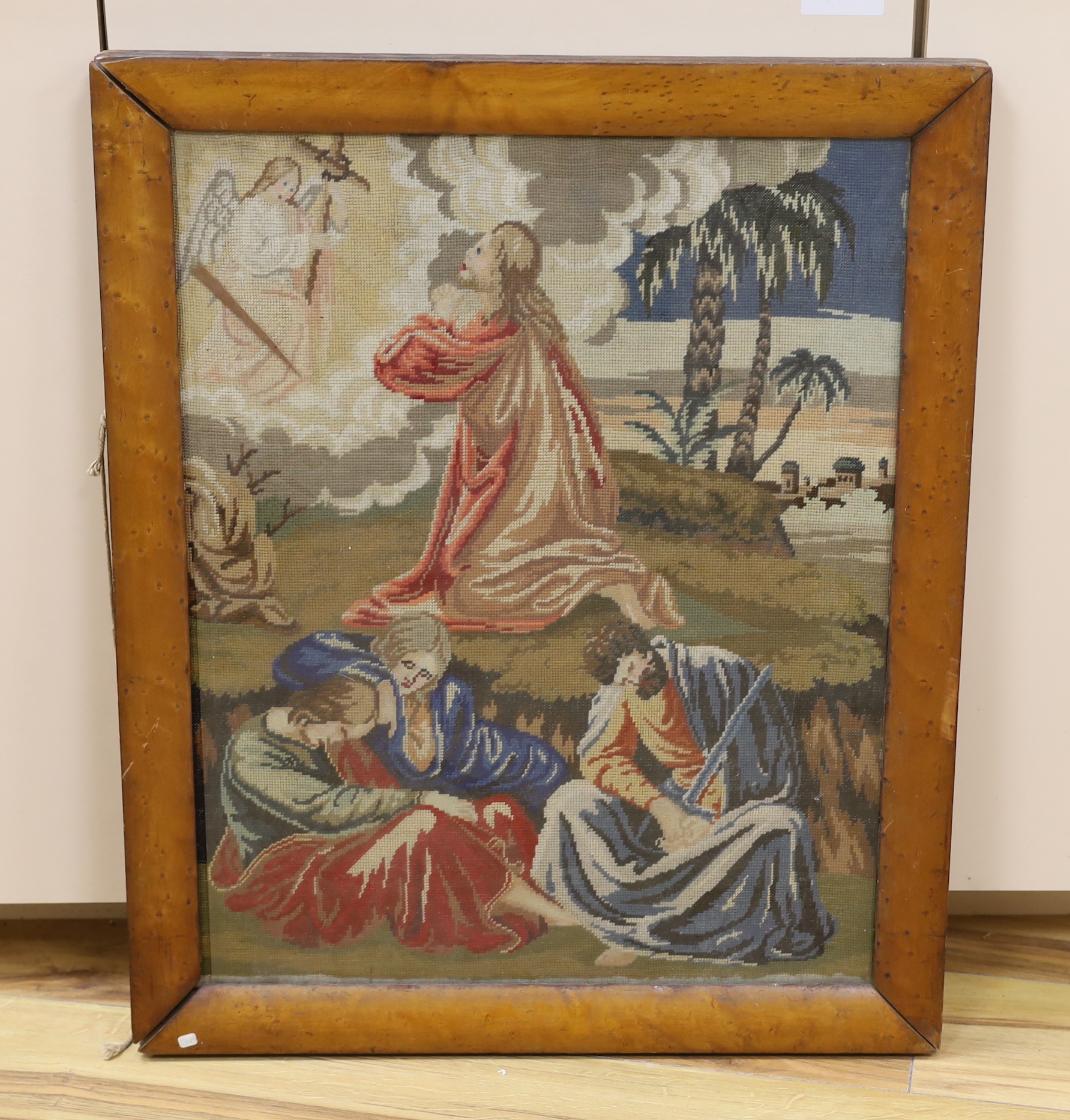 A Victorian woolwork panel, Agony in the Garden of Gethsemane, maple framed, 57cm x 45cm